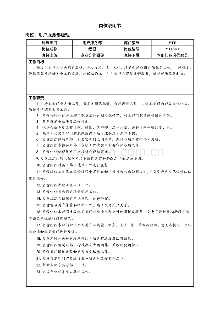 市场中心客服部岗位说明书模板.doc_第1页