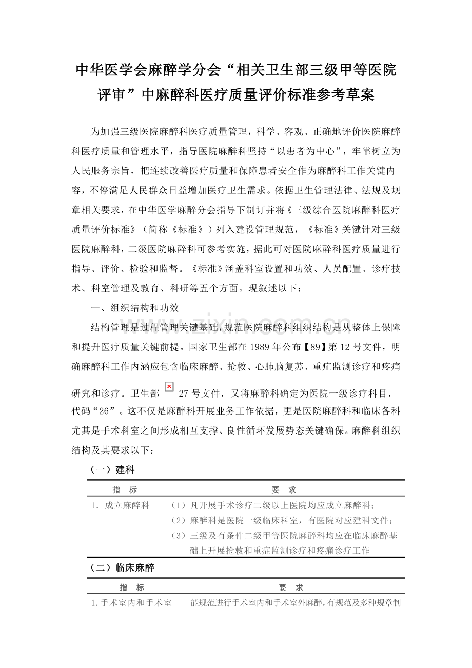 三甲医院麻醉科医疗质量评价统一标准中华医学会参考.doc_第1页