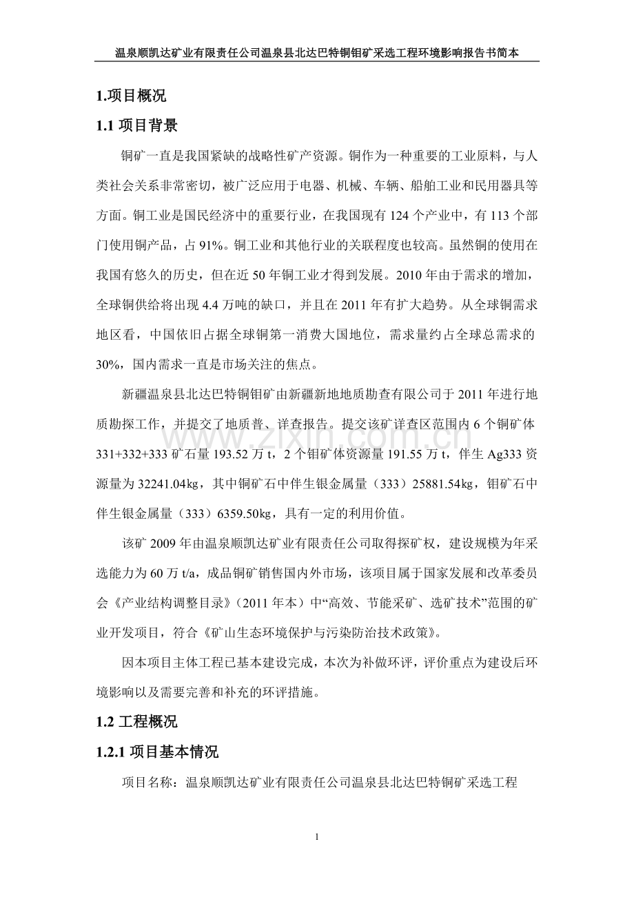 温泉顺凯达矿业有限责任公司温泉县北达巴特铜钼矿采选工程建设环境评估报告书.doc_第1页