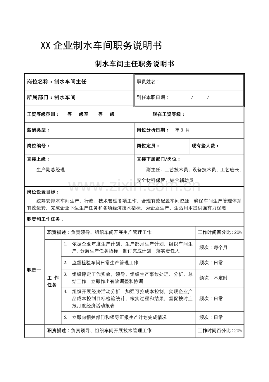 公司制水车间职务说明书模板.doc_第1页