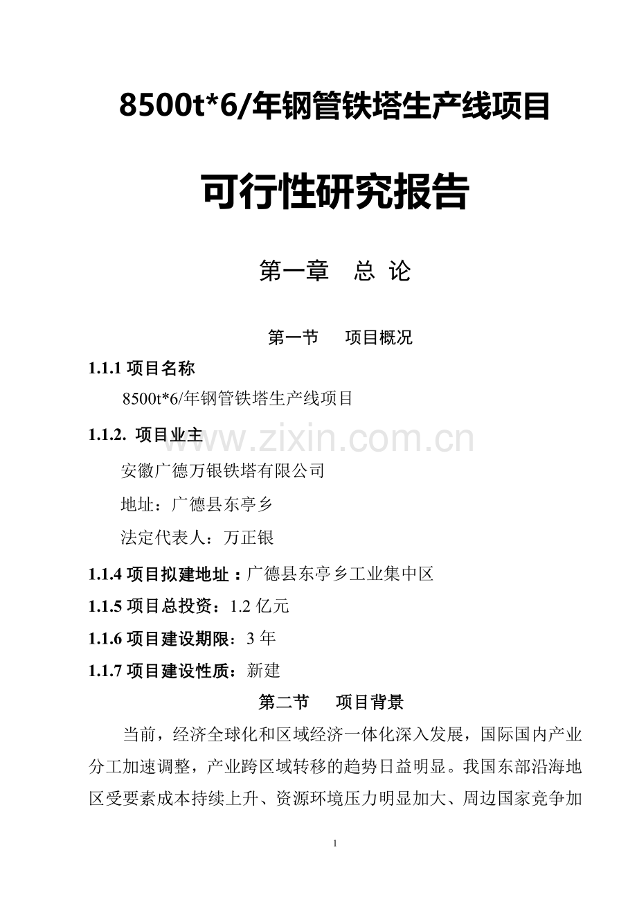 新建8500t6每年钢管铁塔生产线项目建设可行性研究报告.doc_第1页