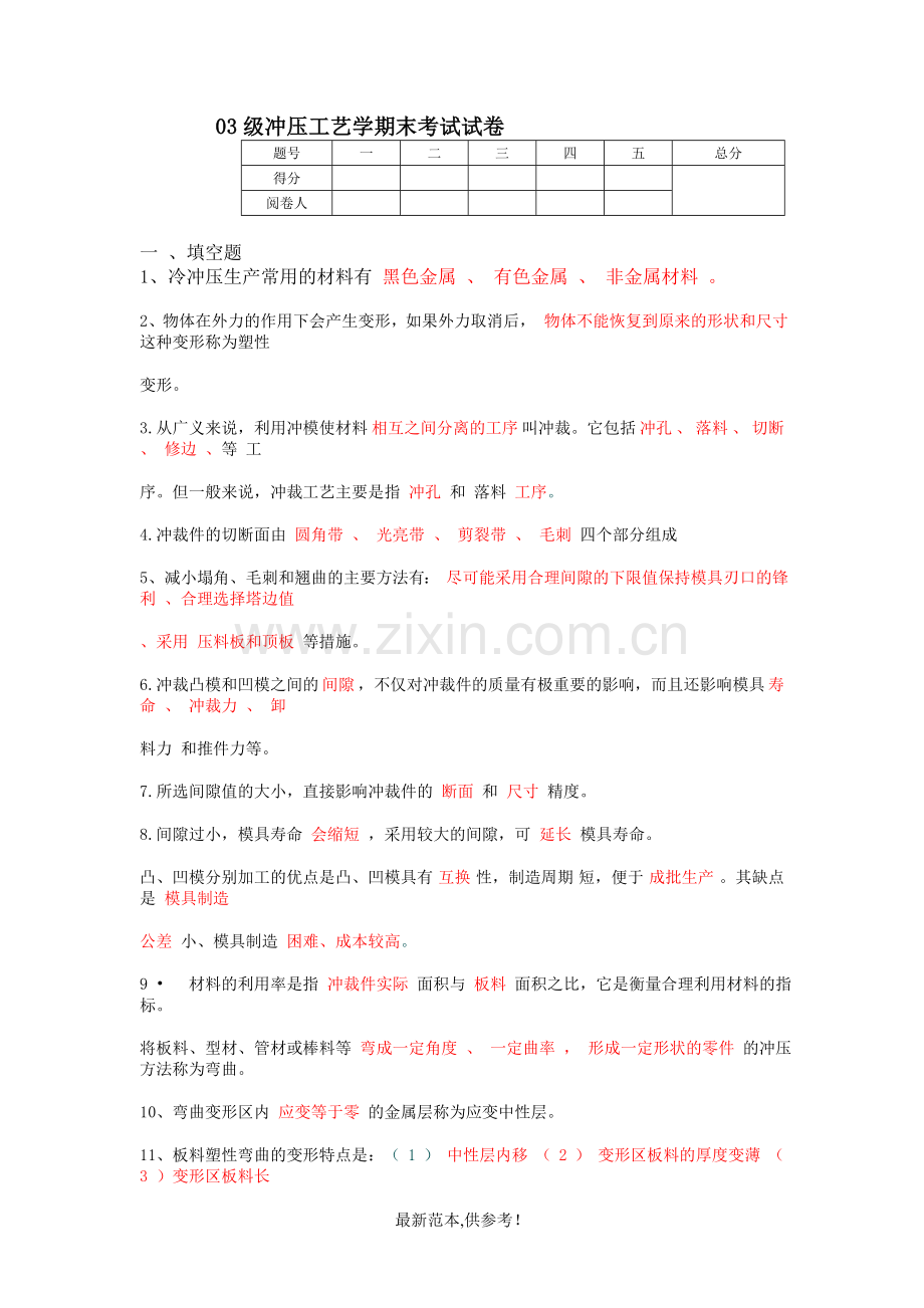 冲压工艺学期末考试试卷.doc_第1页