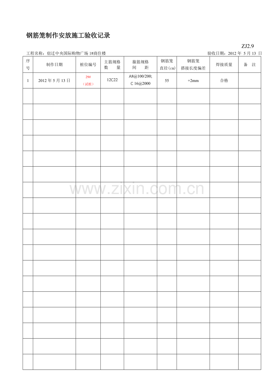 钢筋笼制作安放施工验收记录ZJ2.9.doc_第1页