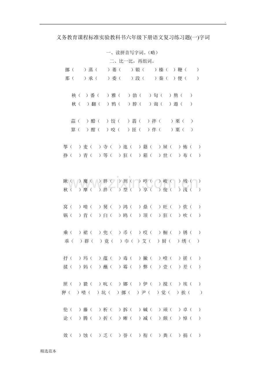 义务教育课程标准实验教科书六年级下册语文复习练习题.doc_第1页