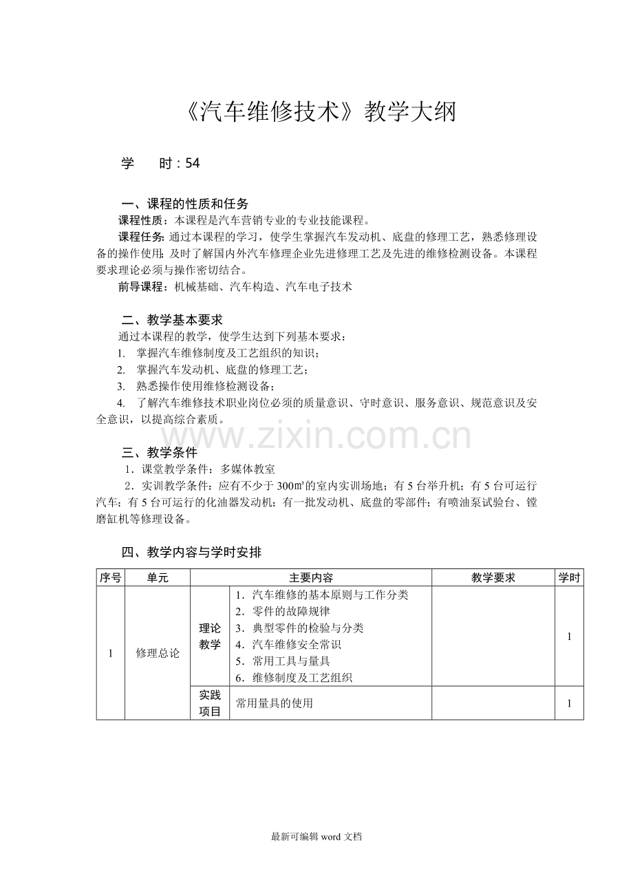 汽车维修技术教学大纲.doc_第1页