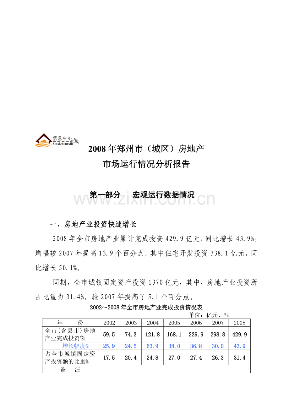 2008年年度郑州市房地产情况(定稿).doc_第1页