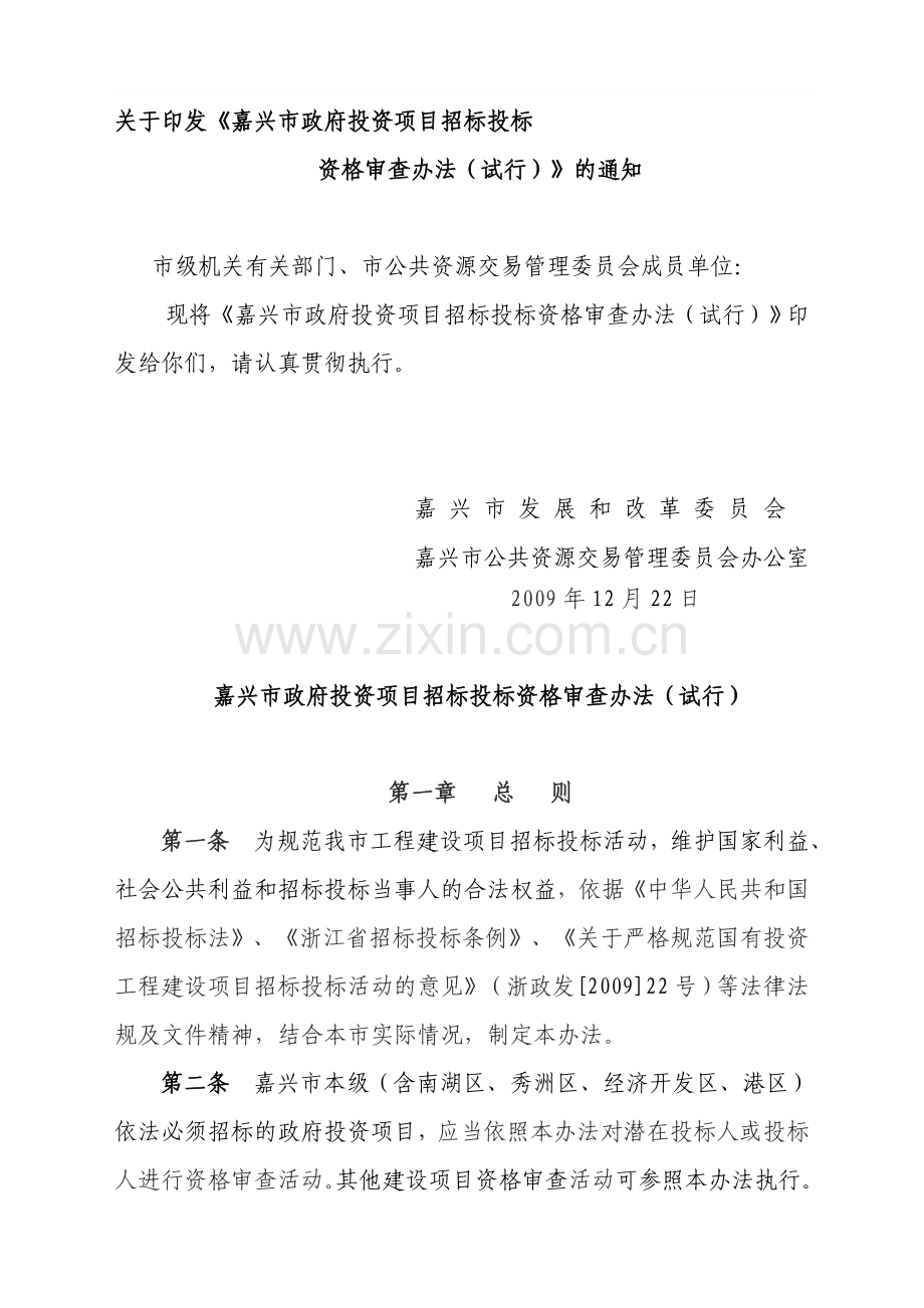 嘉兴市政府投资项目招标投标资格审查办法(试行).doc_第1页
