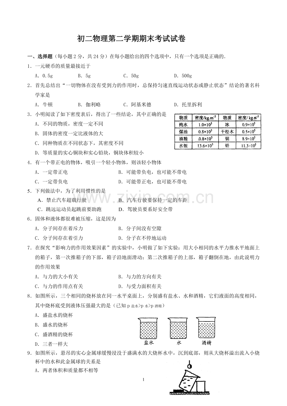 初二物理第二学期期末考试试卷(含答案).doc_第1页
