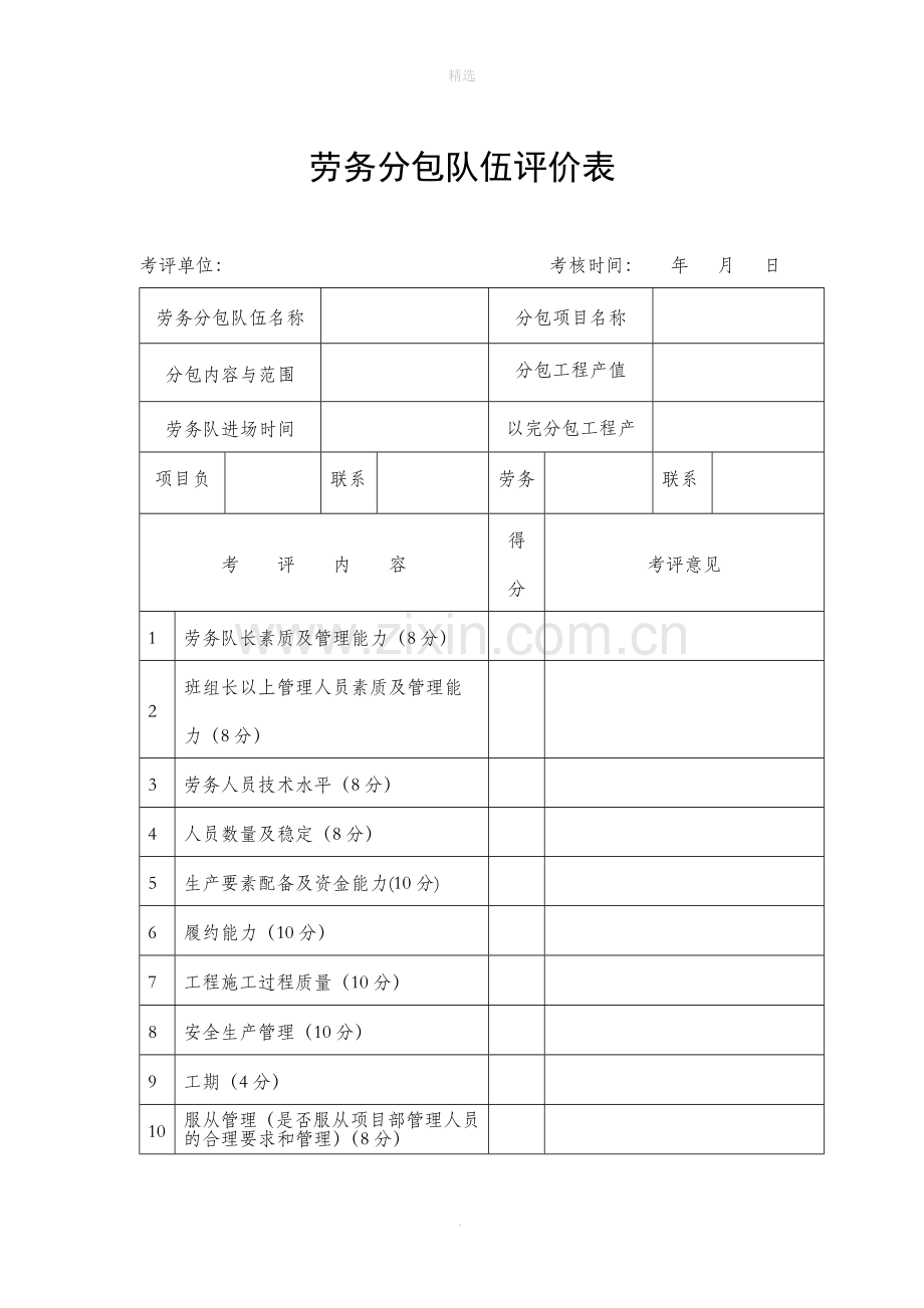 劳务分包队伍评价表.doc_第1页