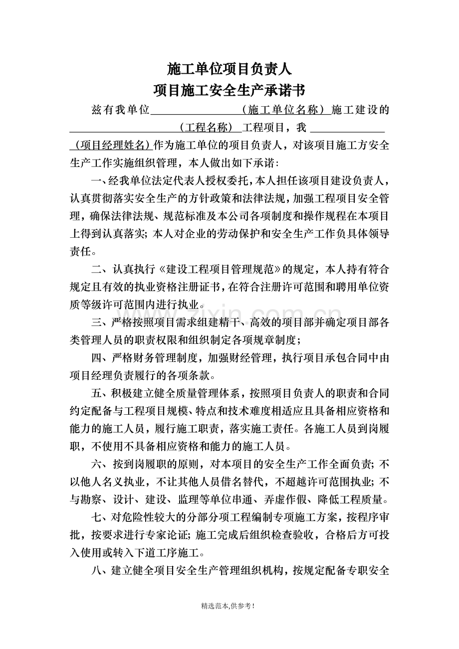 施工单位项目负责人承诺书.doc_第1页