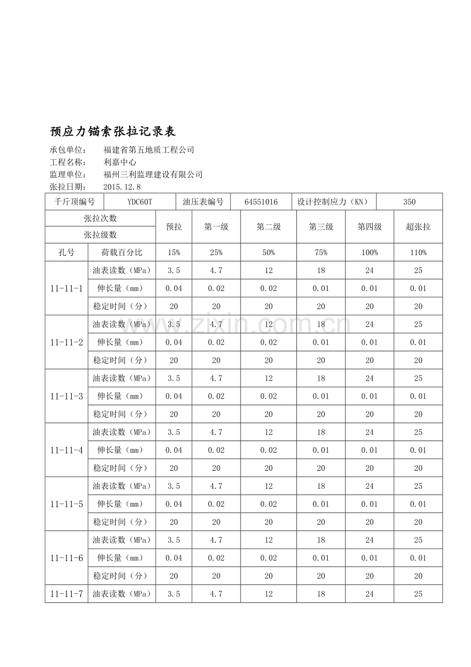 预应力锚索张拉记录表.doc_第1页