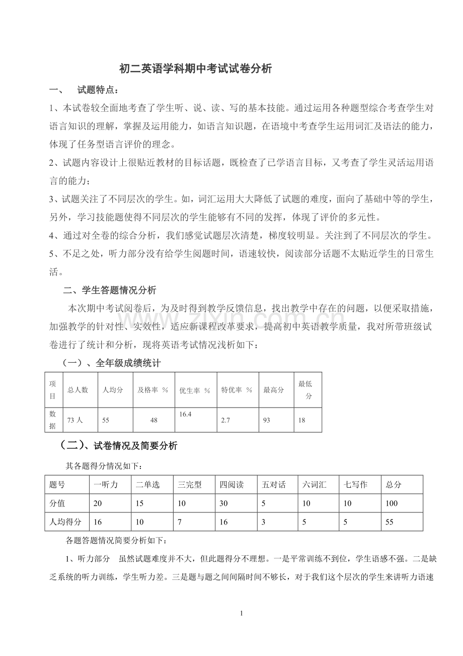 初二英语期中考试试卷分析.doc_第1页