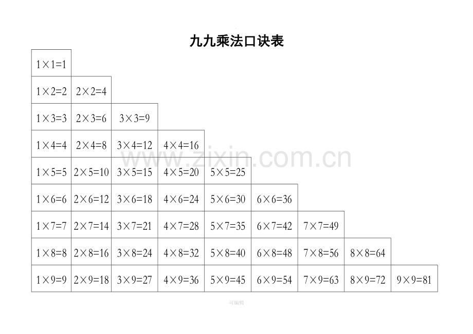 九九乘法口诀表(清晰打印版).doc_第1页