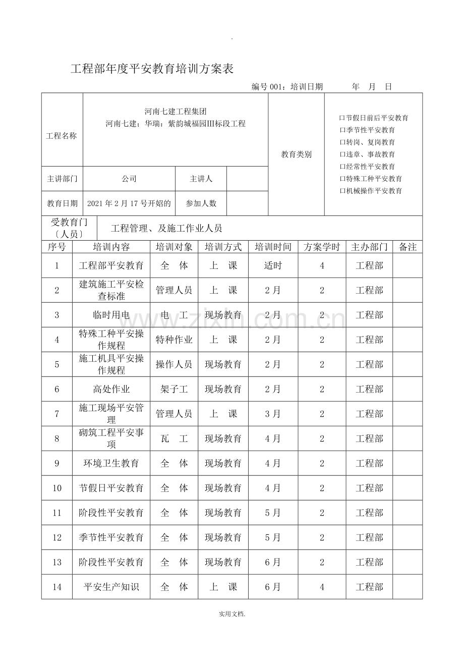 2021项目部年度安全教育培训计划表.doc_第1页