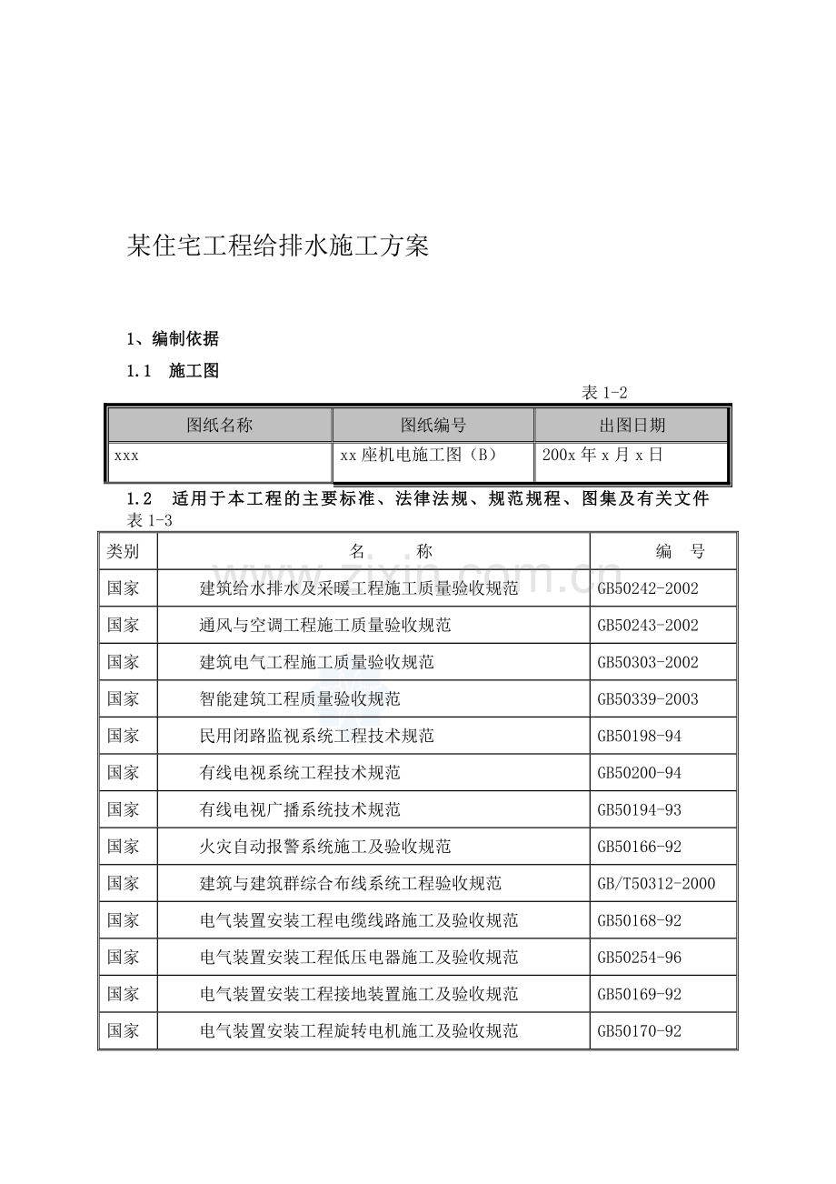 某住宅工程给排水施工方案.doc_第1页