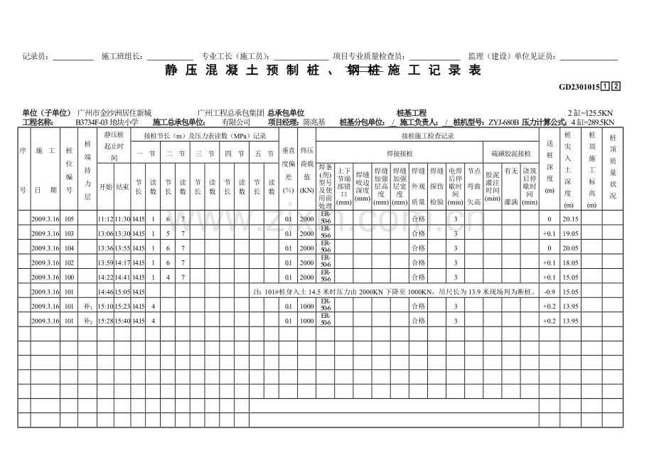123静压混凝土预制桩、钢桩施工记录表.doc_第2页