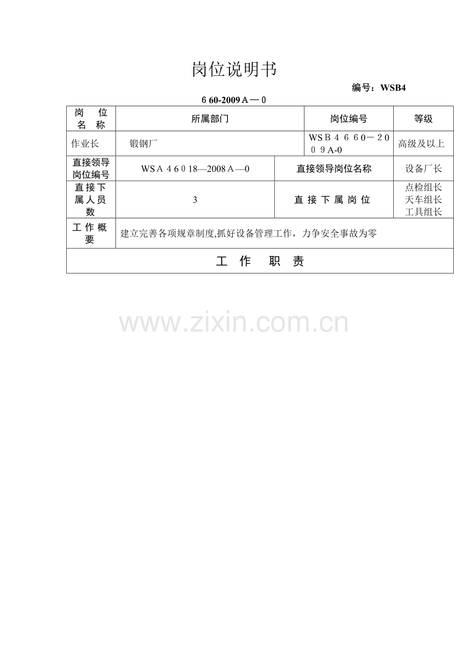 岗位说明书保供作业长.doc_第1页