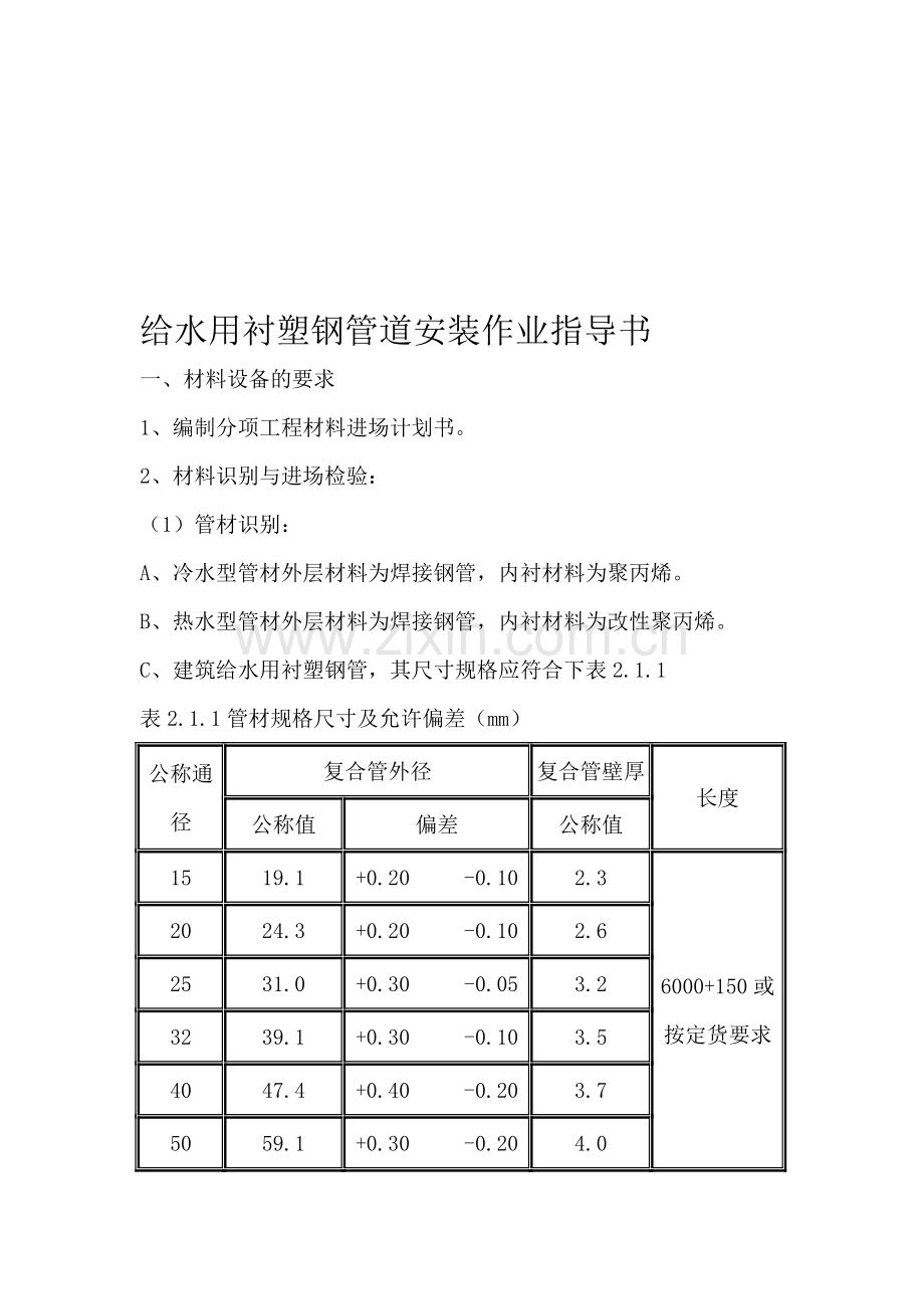 给水用衬塑钢管道安装作业指导书.doc_第1页