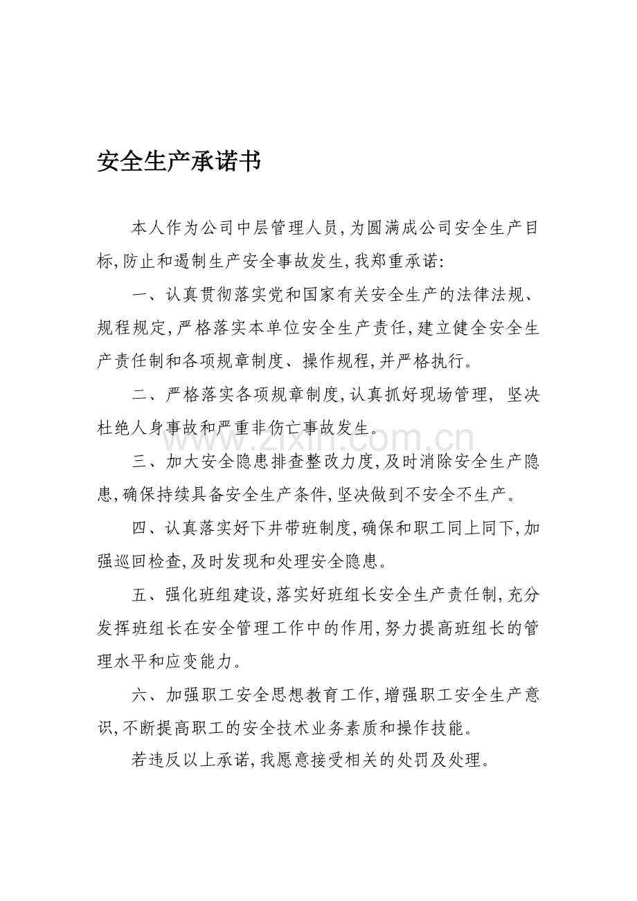 煤矿管理人员安全生产承诺书.doc_第1页