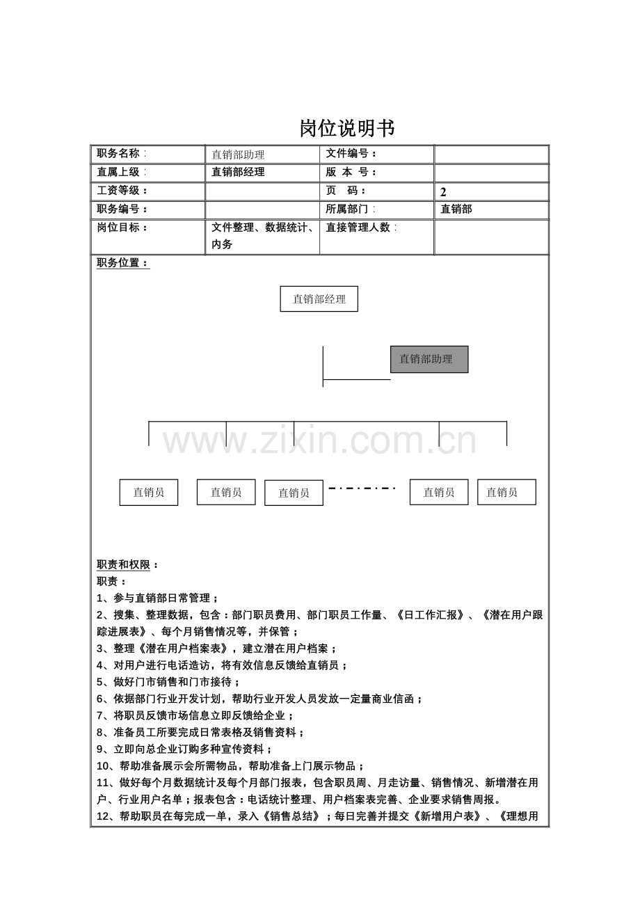 直销部助理职务说明书样本.doc_第1页