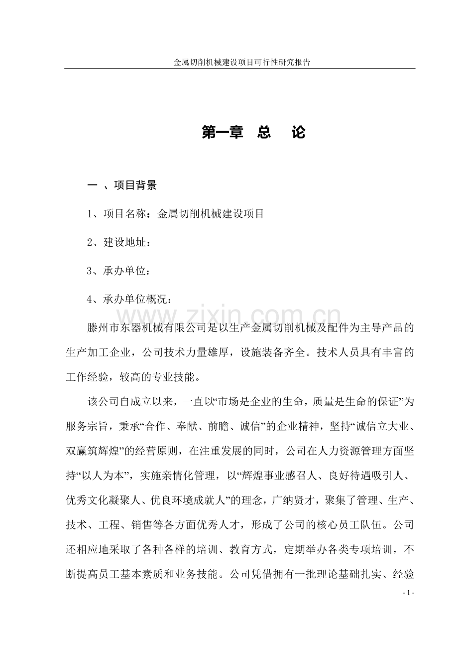 金属切削机械项目建设可行性研究报告.doc_第1页