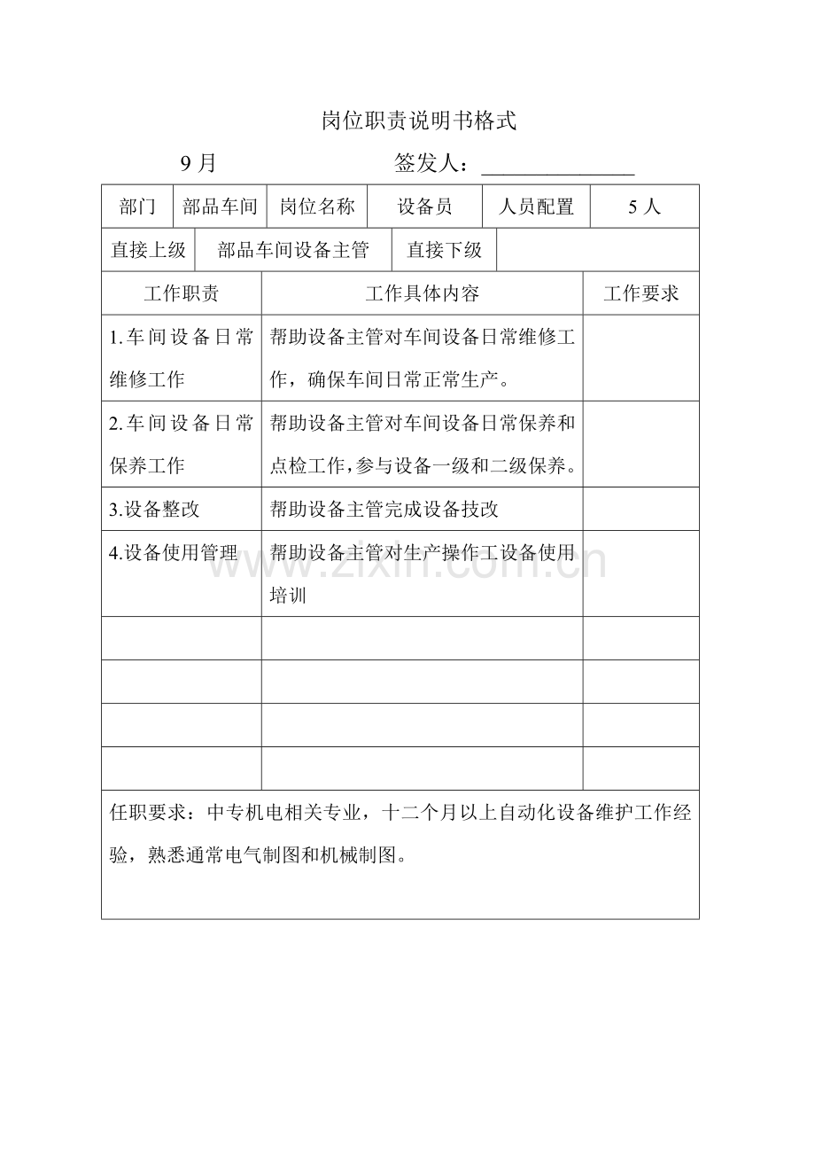 设备员岗位职责说明书样本.doc_第1页