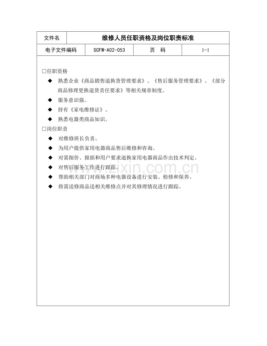 维修人员任职资格与岗位职责样本.doc_第1页