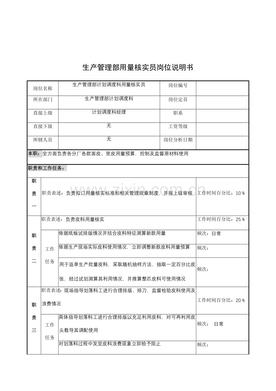 生产管理部用量核算员的岗位说明书模板样本.doc_第1页