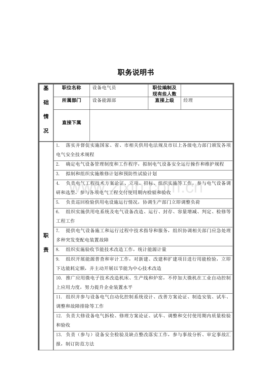 设备能源部设备电气员岗位职责样本.doc_第1页