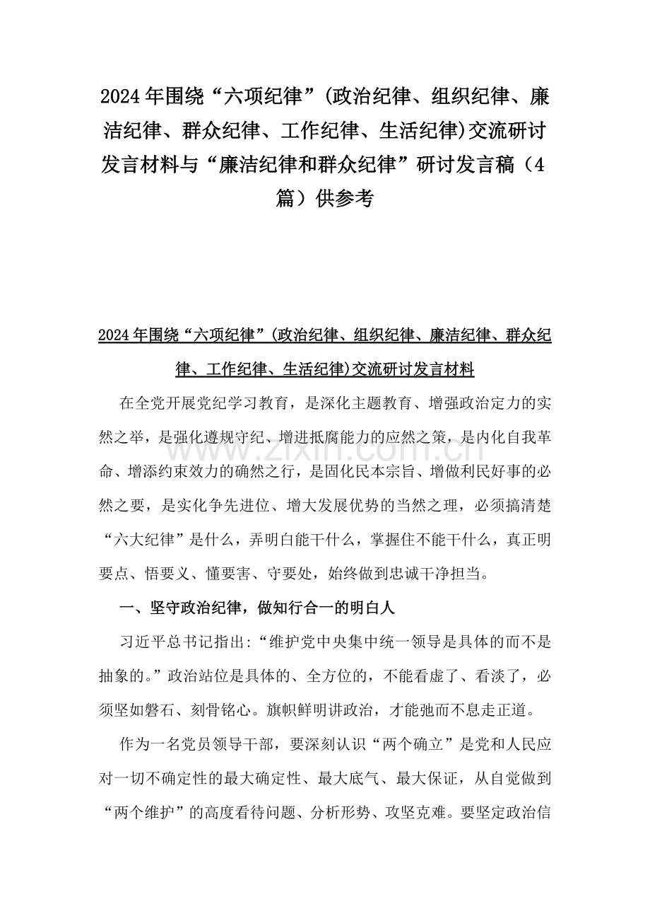 2024年围绕“六项纪律”(政治纪律、组织纪律、廉洁纪律、群众纪律、工作纪律、生活纪律)交流研讨发言材料与“廉洁纪律和群众纪律”研讨发言稿（4篇）供参考.docx_第1页