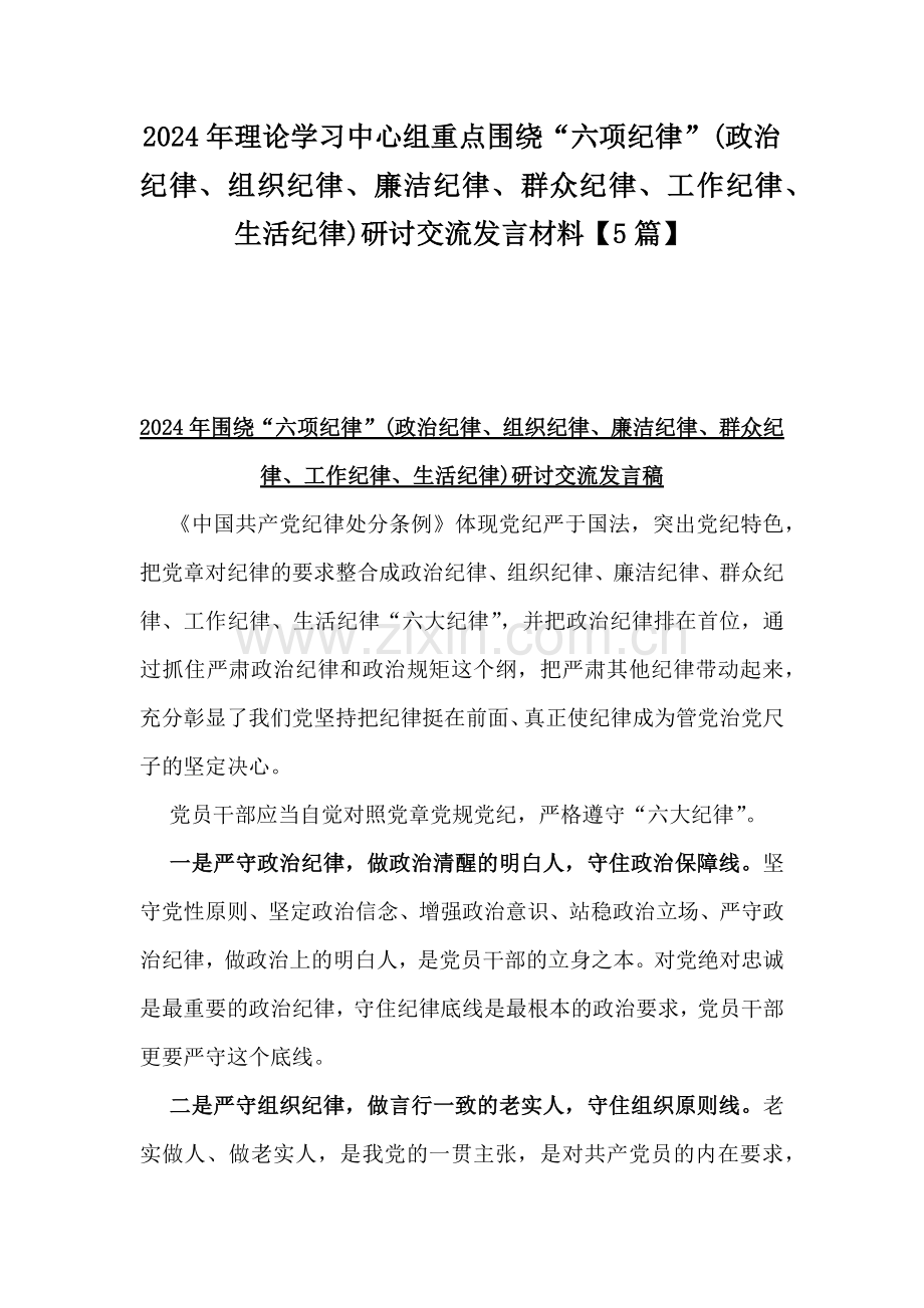 2024年理论学习中心组重点围绕“六项纪律”(政治纪律、组织纪律、廉洁纪律、群众纪律、工作纪律、生活纪律)研讨交流发言材料【5篇】.docx_第1页