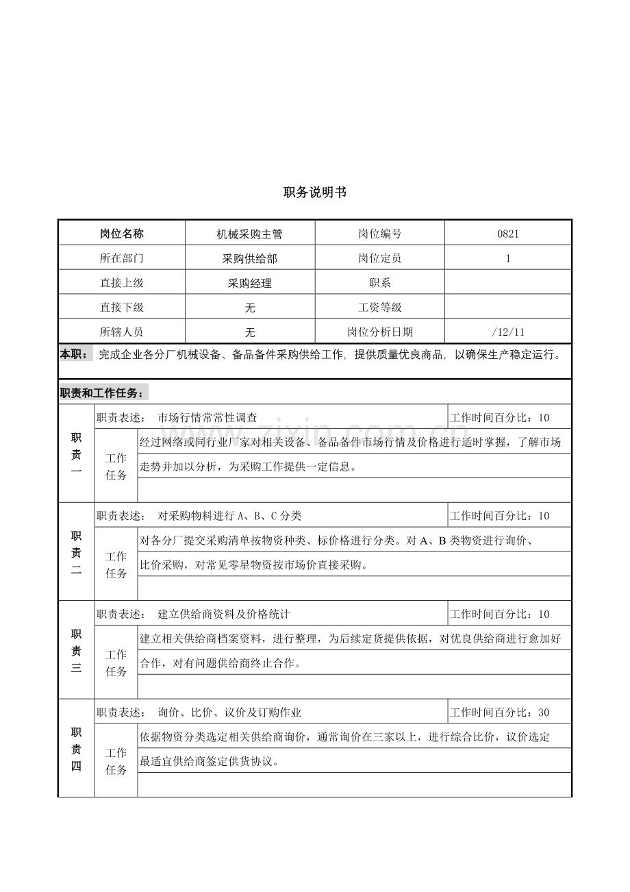 机械采购主管职务说明书样本.doc_第1页