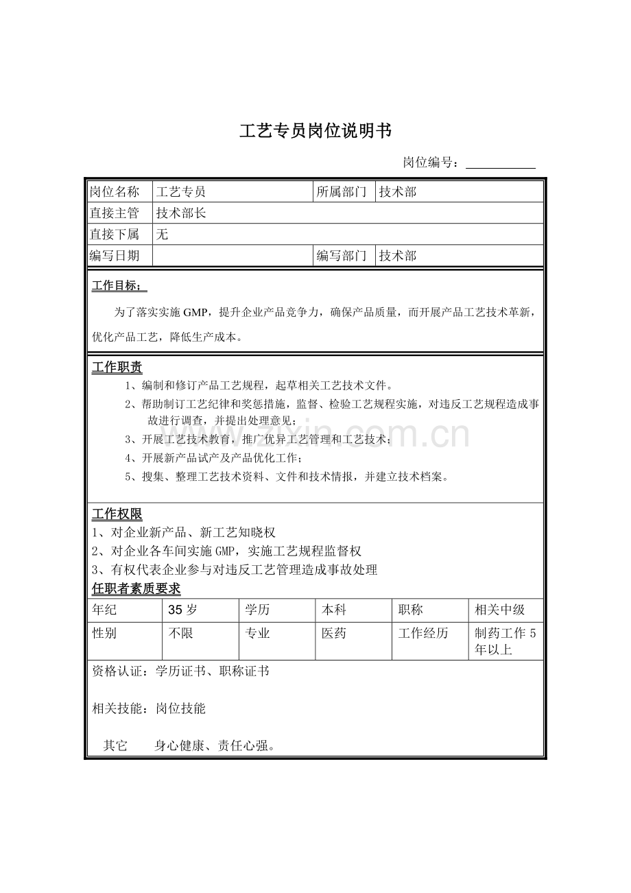 技术部工艺专员岗位职责样本.doc_第1页