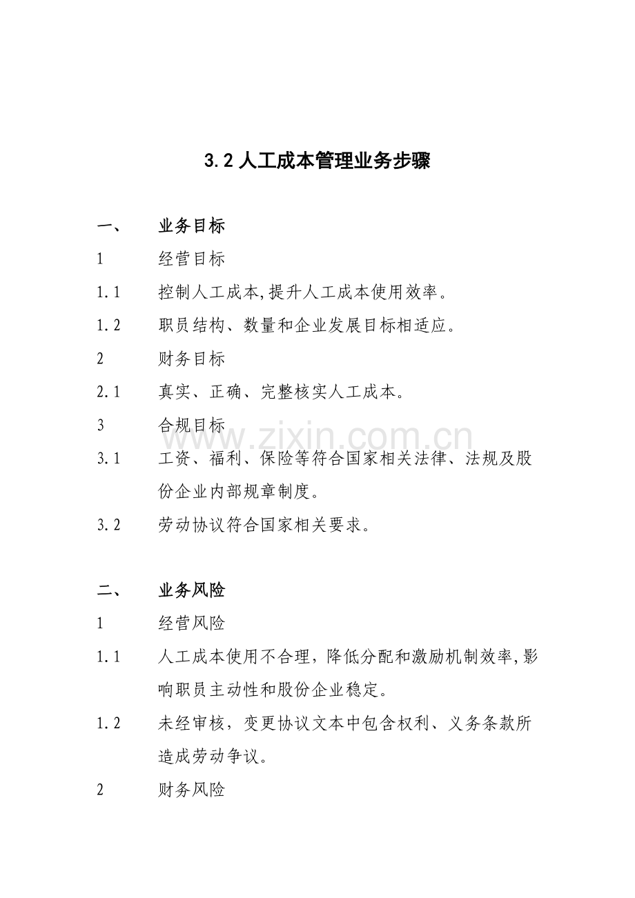 石油化工有限公司年内部控制手册业务流程人工成本管理业务流程模板.doc_第1页