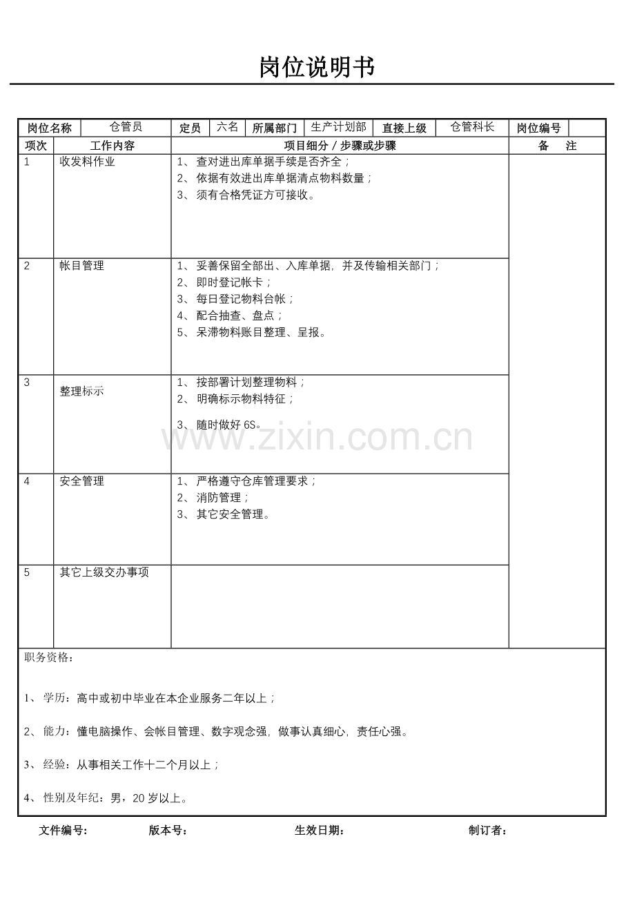 生产计划部仓管员岗位说明书样本.doc_第1页