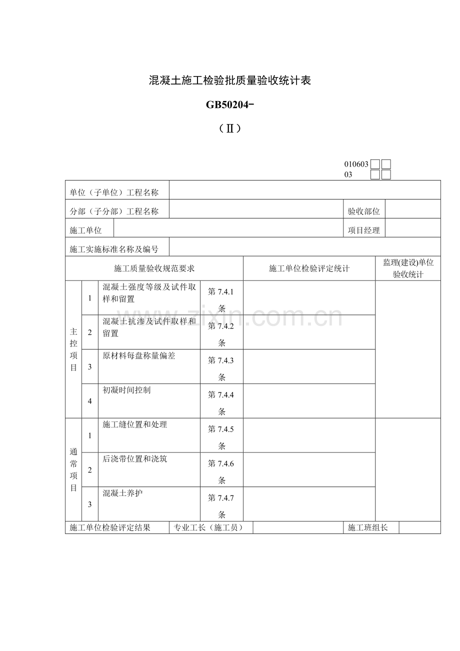 混凝土施工质量检验记录表样本.doc_第1页