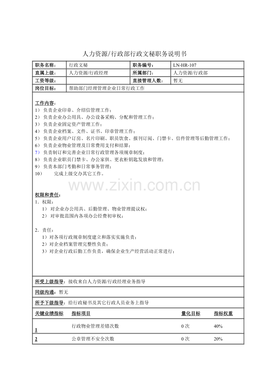 行政部行政文秘岗位职责样本.doc_第1页