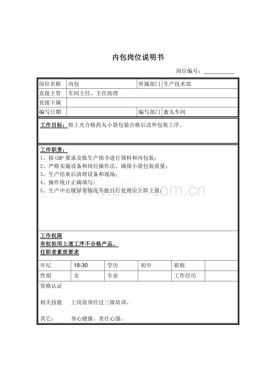 生产技术部内包岗位职责样本.doc_第1页