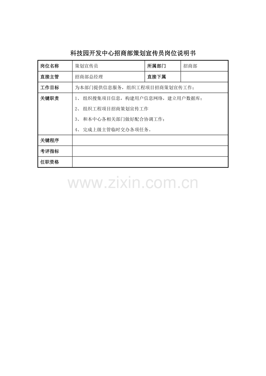 招商部策划宣传员岗位职责样本.doc_第1页
