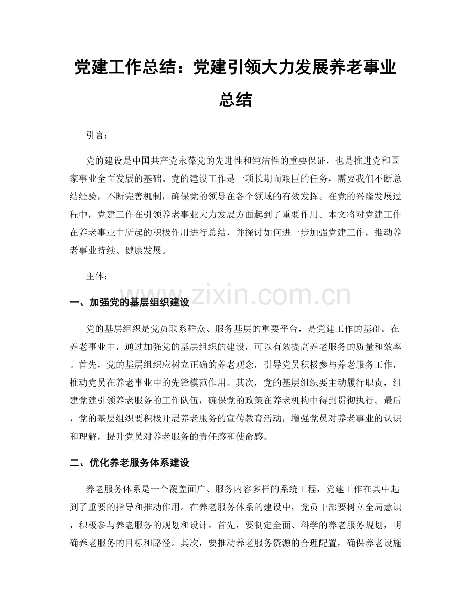 党建工作总结：党建引领大力发展养老事业总结.docx_第1页