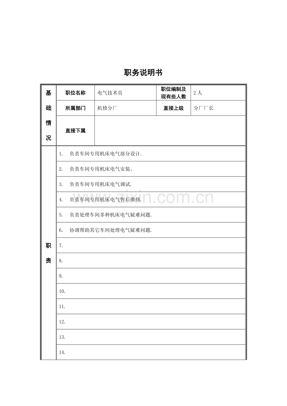 电气技术员职务说明书样本.doc_第1页