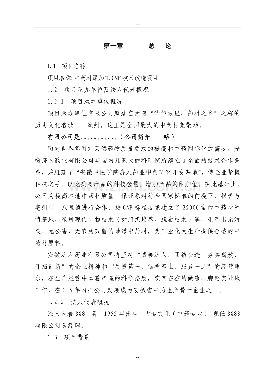 某公司中药材深加工gmp技术改造项目可行性研究报告.doc_第1页
