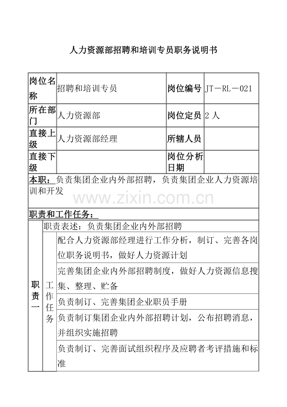 人力资源部招聘与培训专员岗位新版说明书.doc_第1页