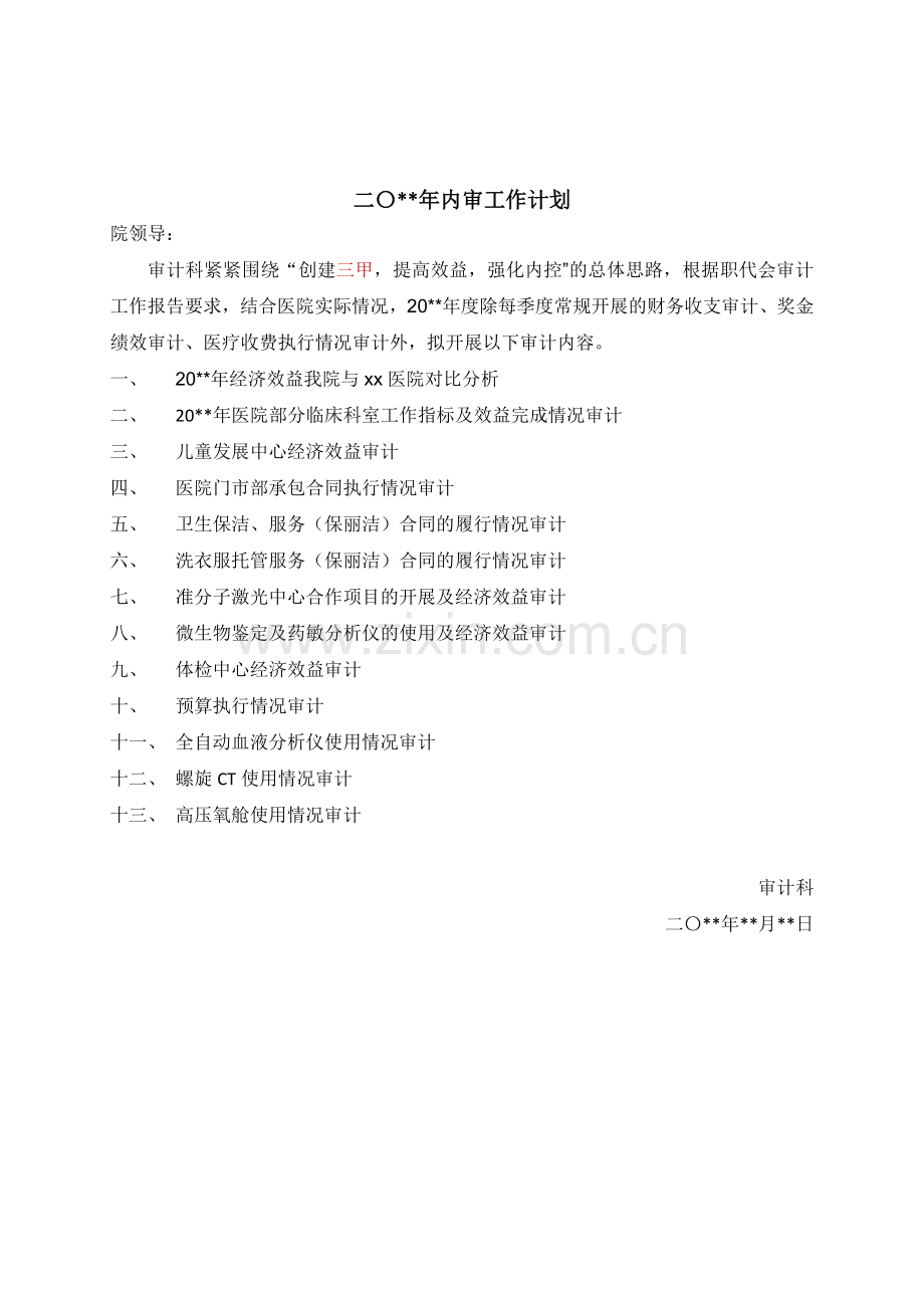 医院内审工作计划模版.docx_第1页