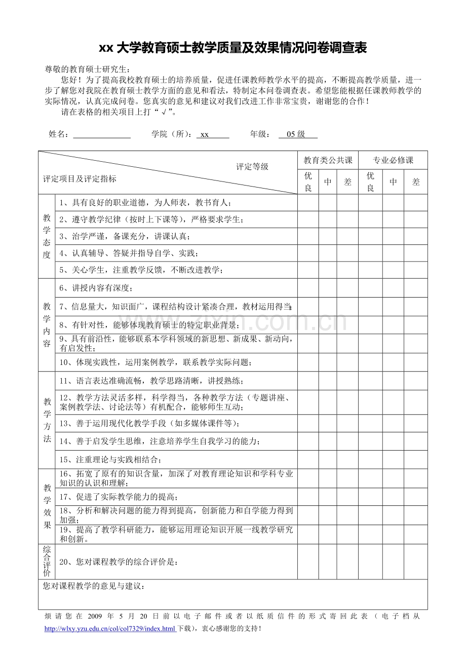 大学教育硕士教学质量及效果情况问卷调查表.doc_第1页