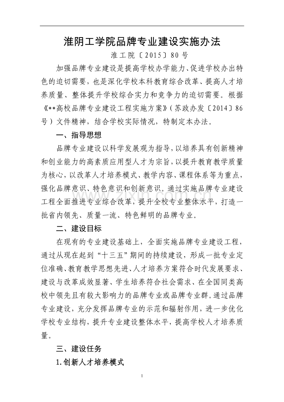工学院品牌专业建设实施办法模版.doc_第1页