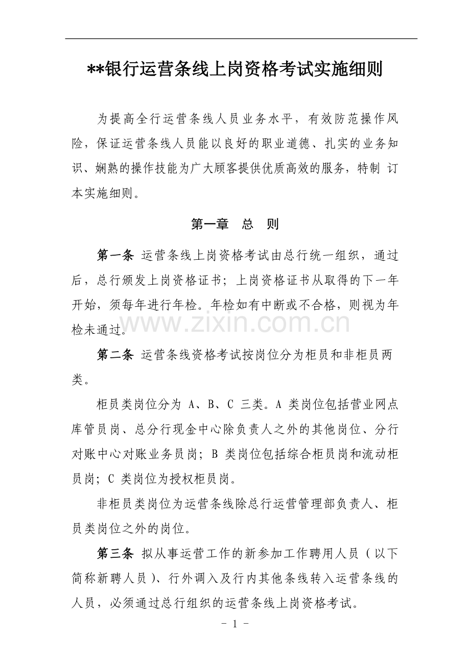 银行运营条线上岗资格考试实施细则模版.docx_第1页