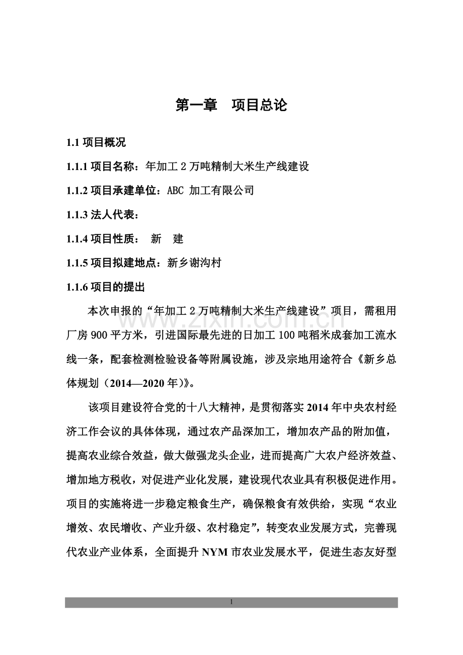 年加工2万吨精制大米生产线建设项目投资申请报告.doc_第1页