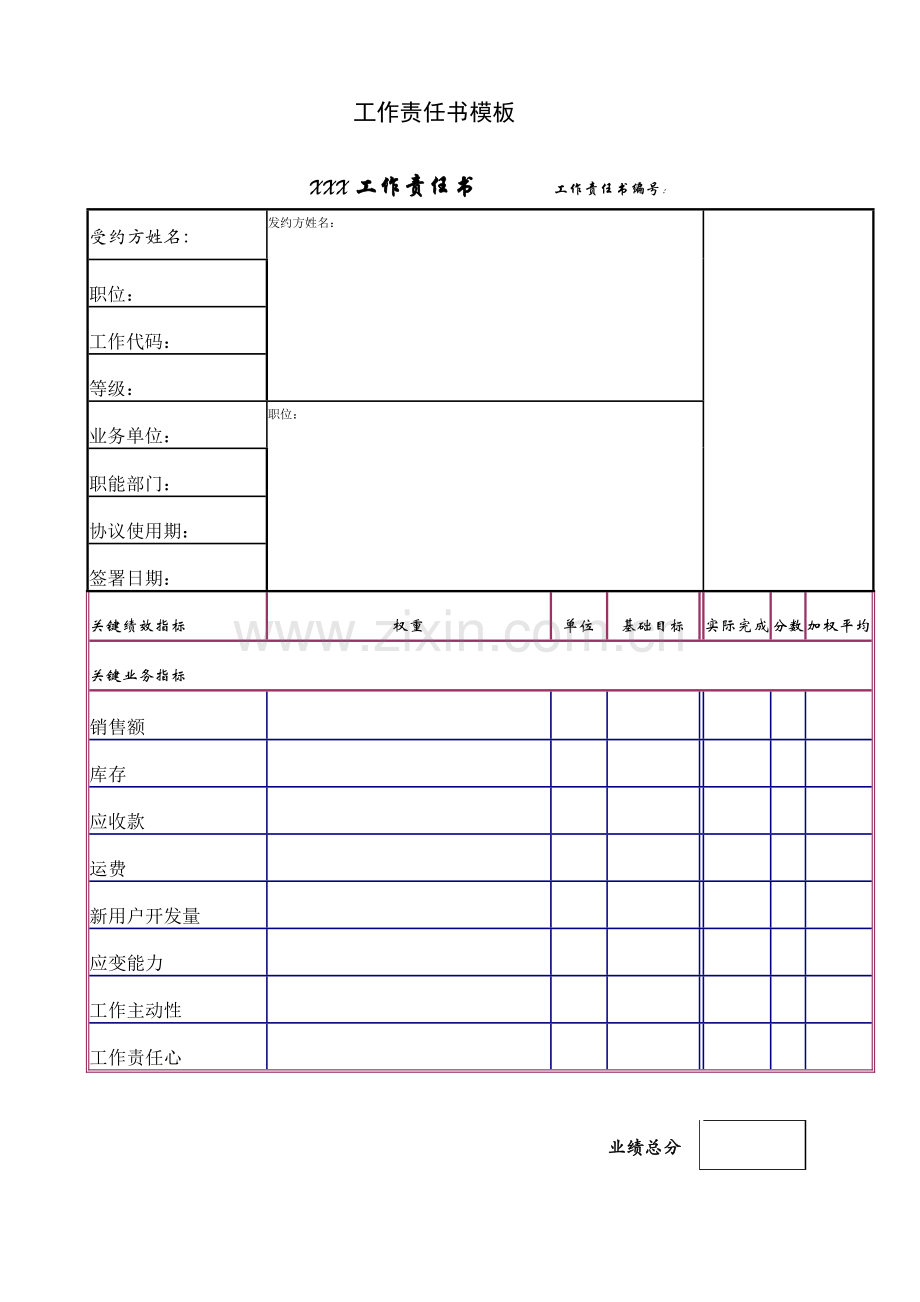 公司工作责任书模板.doc_第1页