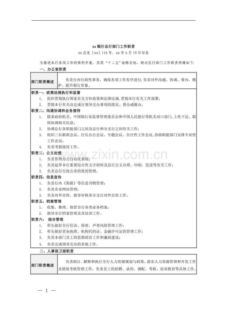 银行总行部门工作职责模版.doc_第1页